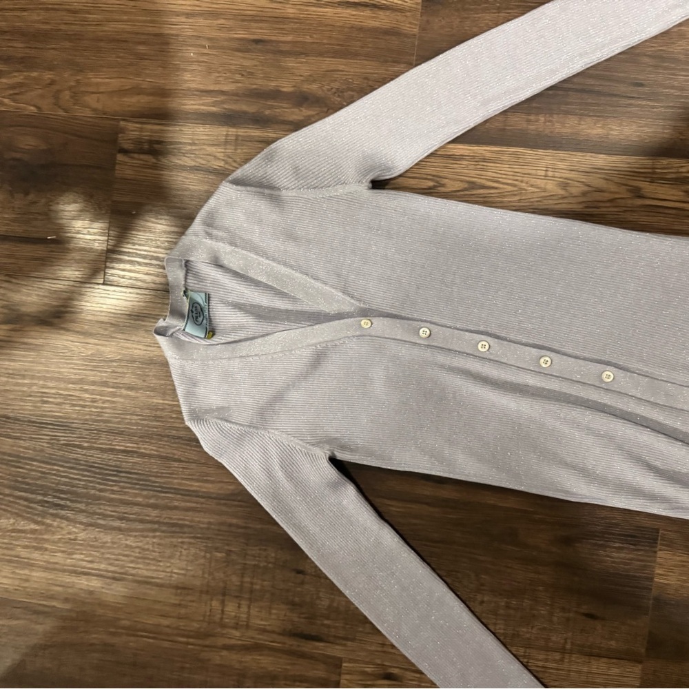 Prada Metallic Silk Blend Light Gray Button-Up Ribbed Cardigan sz IT 42 - Picture 4 of 7